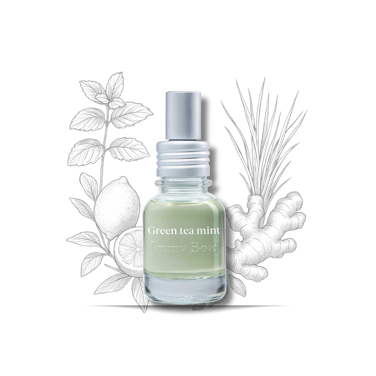 Botella de fragancia bio orgánica Green Tea & Mint 25ml con hojas de menta y limón