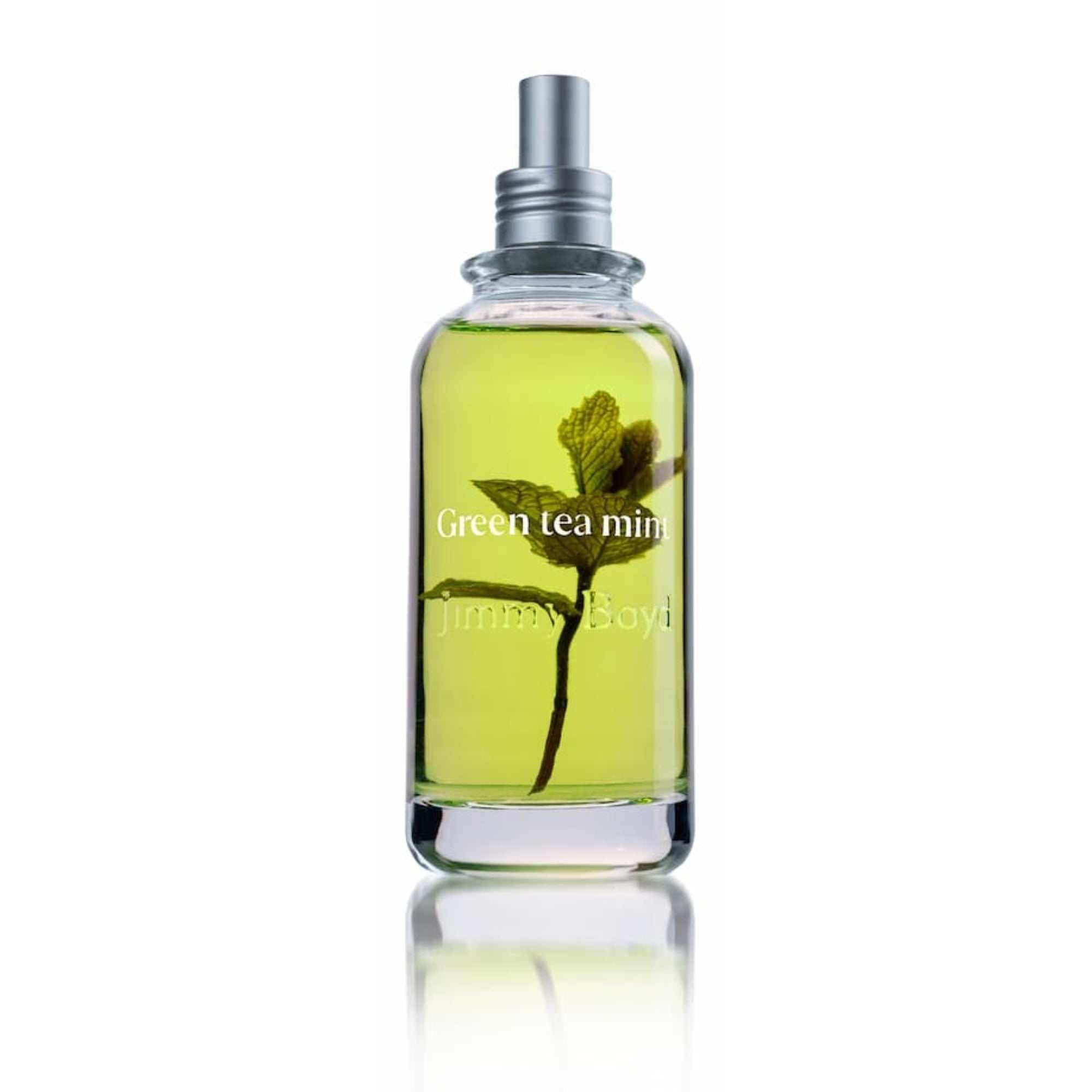 Frasco de fragancia bio orgánica Green Tea & Mint de 200ml con ingredientes naturales y aroma fresco