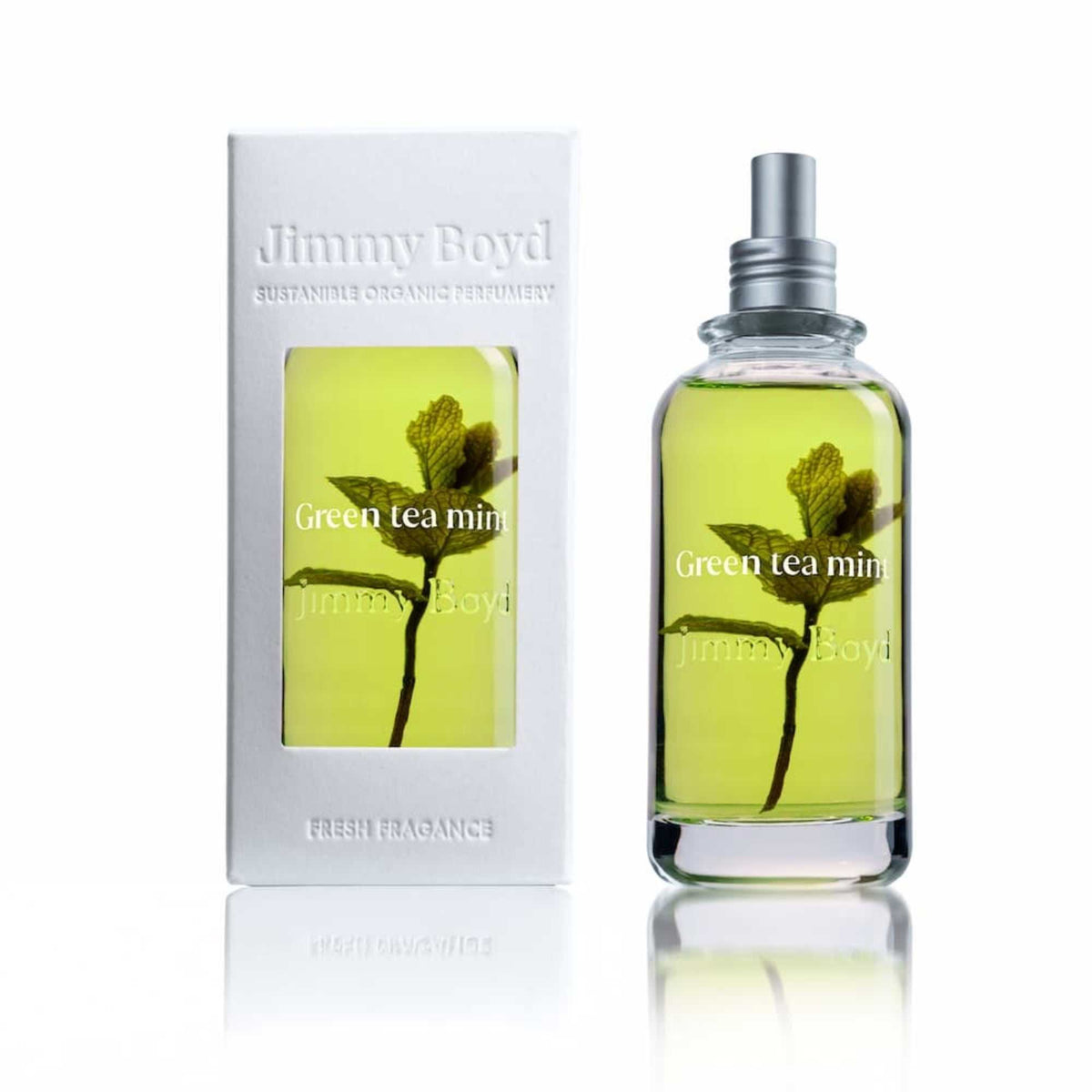 Frasco de fragancia bio orgánica Green Tea & Mint 200ml con diseño natural