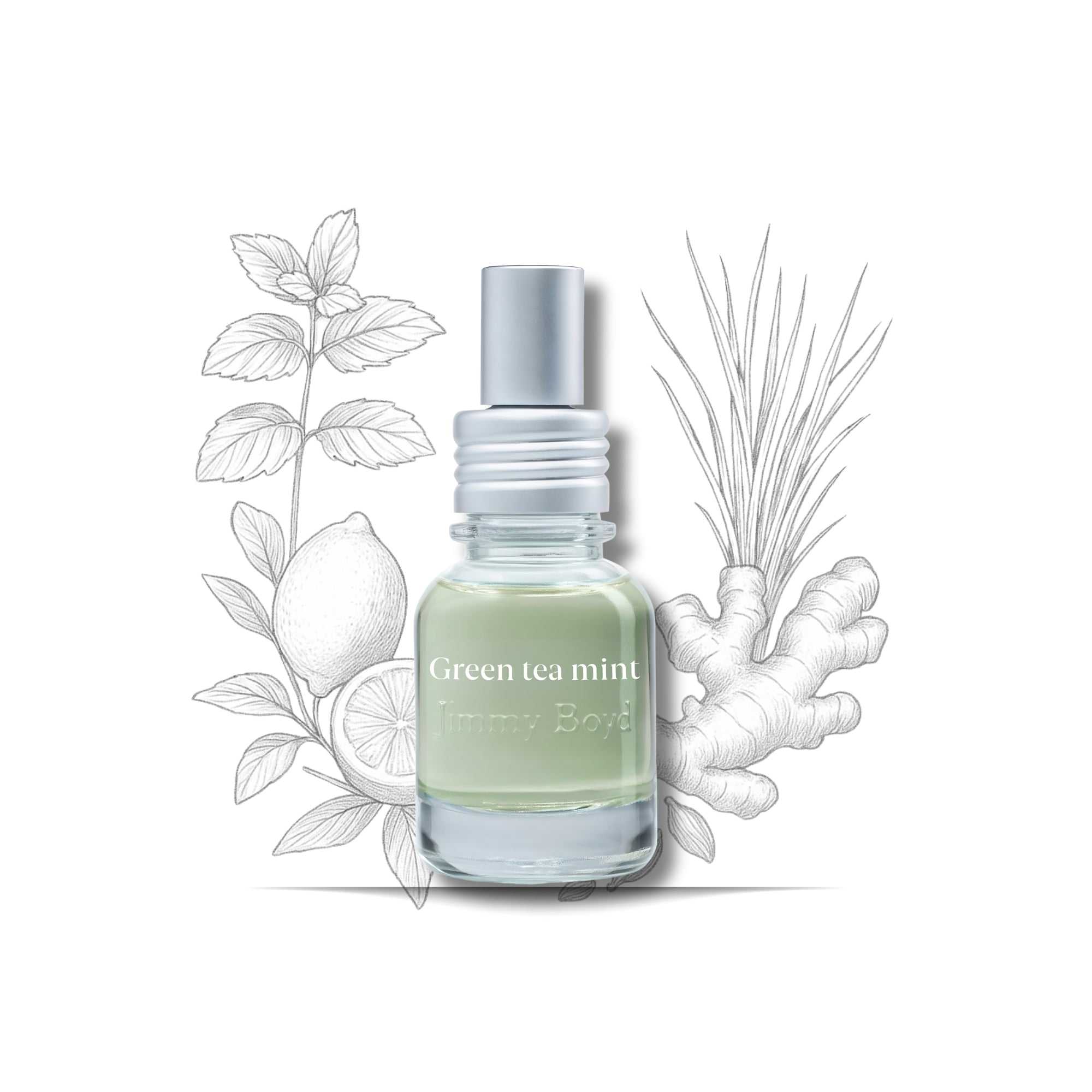 Botella de fragancia bio orgánica Green Tea & Mint 25ml con hojas de menta y limón