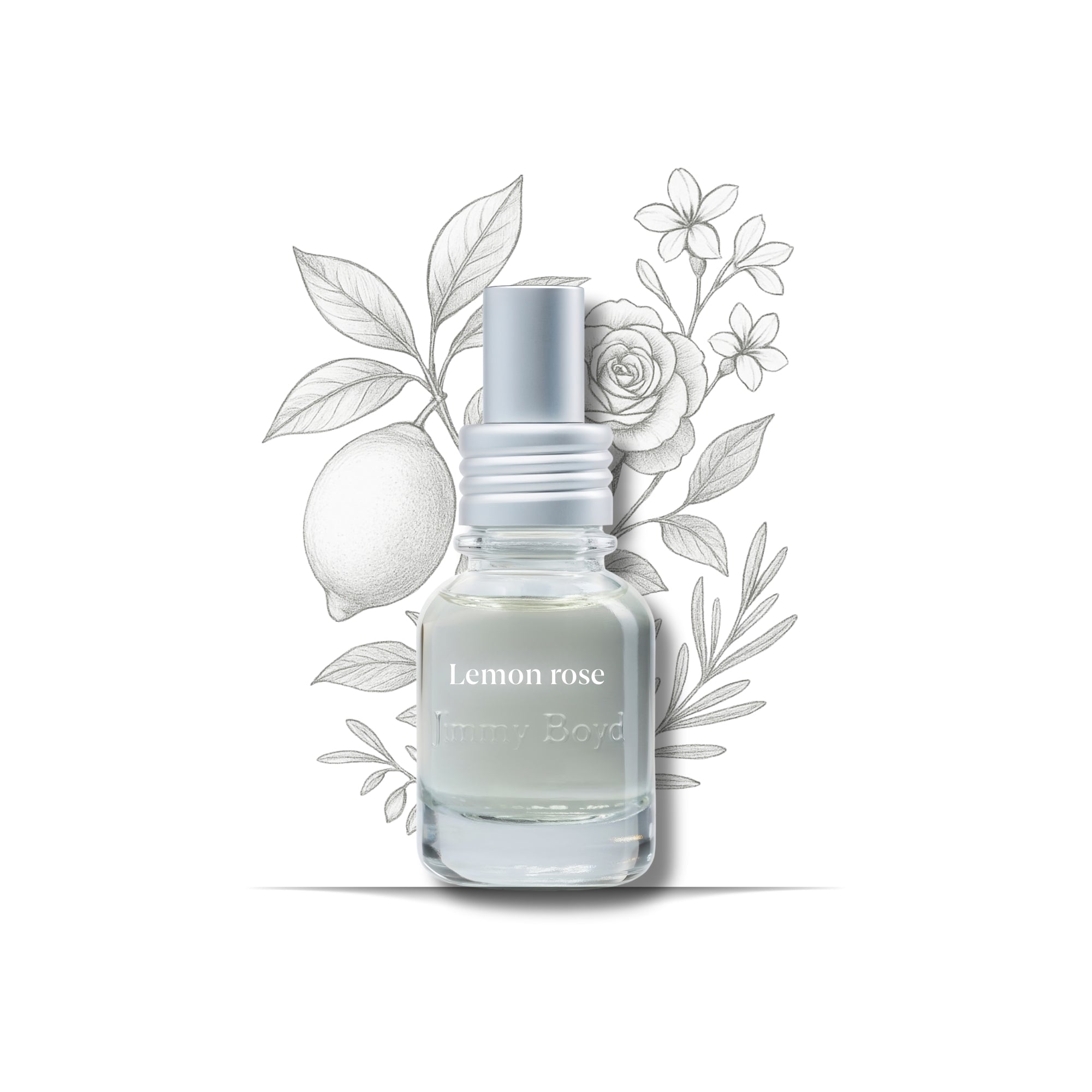 Frasco de fragancia bio orgánica Lemon & Rose con notas cítricas y florales