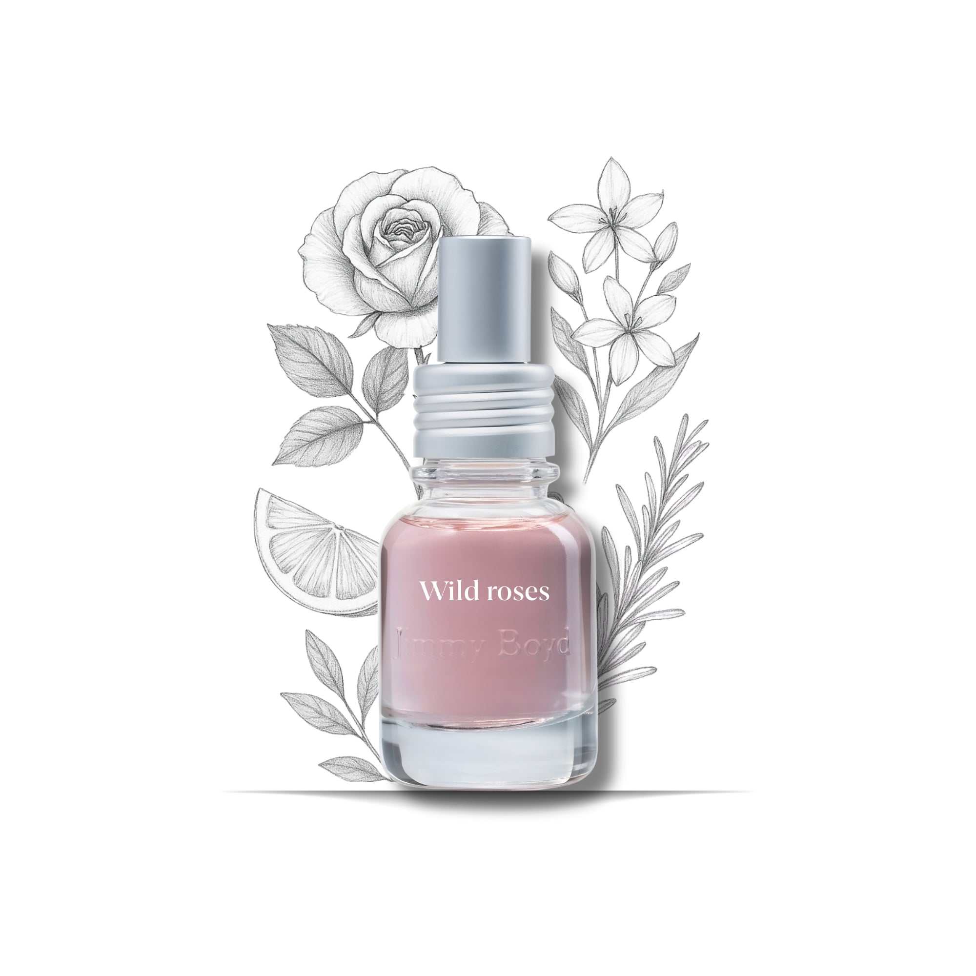 Frasco de fragancia bio orgánica Wild Roses con pétalos de rosa